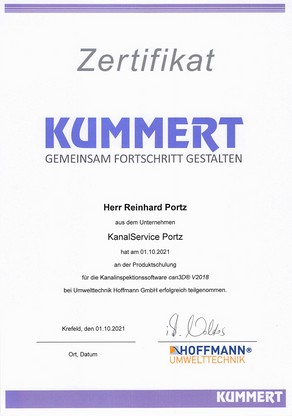 Zertifikat - Präzise Kanalinspektion mit zertifizierter can3D® V2018 Expertise - Kanalservice Portz aus Hürth