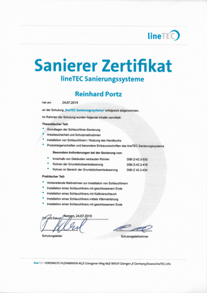 Zertifikat - lineTEC Sanierungssysteme - Kanalservice Portz aus Hürth